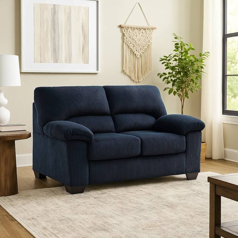 Simy Loveseat, 63 Inch Navy Blue Corduroy, Modern Pillow Top Arms