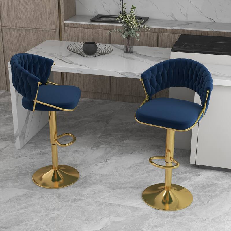 Set of 2 Modern Velvet Adjustable Bar Stools with Backs