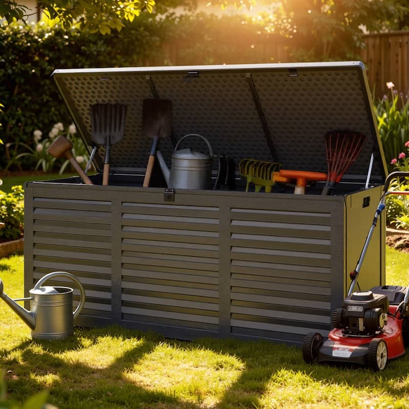 130 Gal. Upgraded Resin Deck Box, Outdoor Storage Box Waterproof with Hydraulic Rod and Side Handle, Lockable