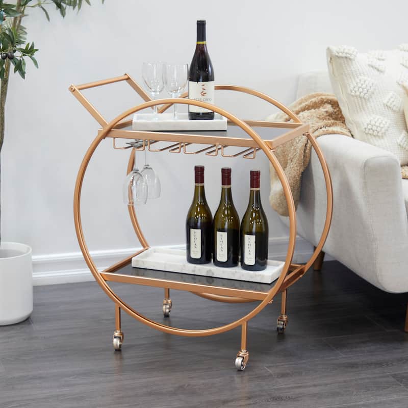 Metal Rolling 2 Mirrored Shelves Bar Cart with Wine Glass Storage and Handle - Rose Gold, Silver or Black - Roche River Decor