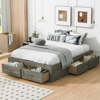 Full Size Platform Bed with 6 Storage Drawers, Antique Gray