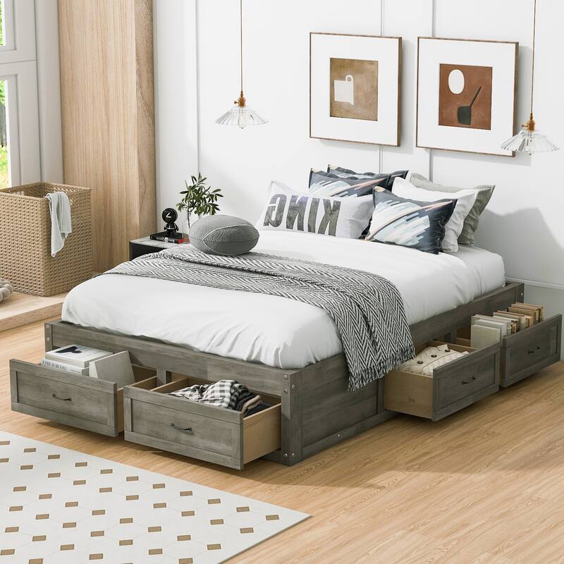 Full Size Wood Structure Platform Bed Retro Mattress Foundation Grounded Storage Bed Frame with 6 Drawers, Antique Grey