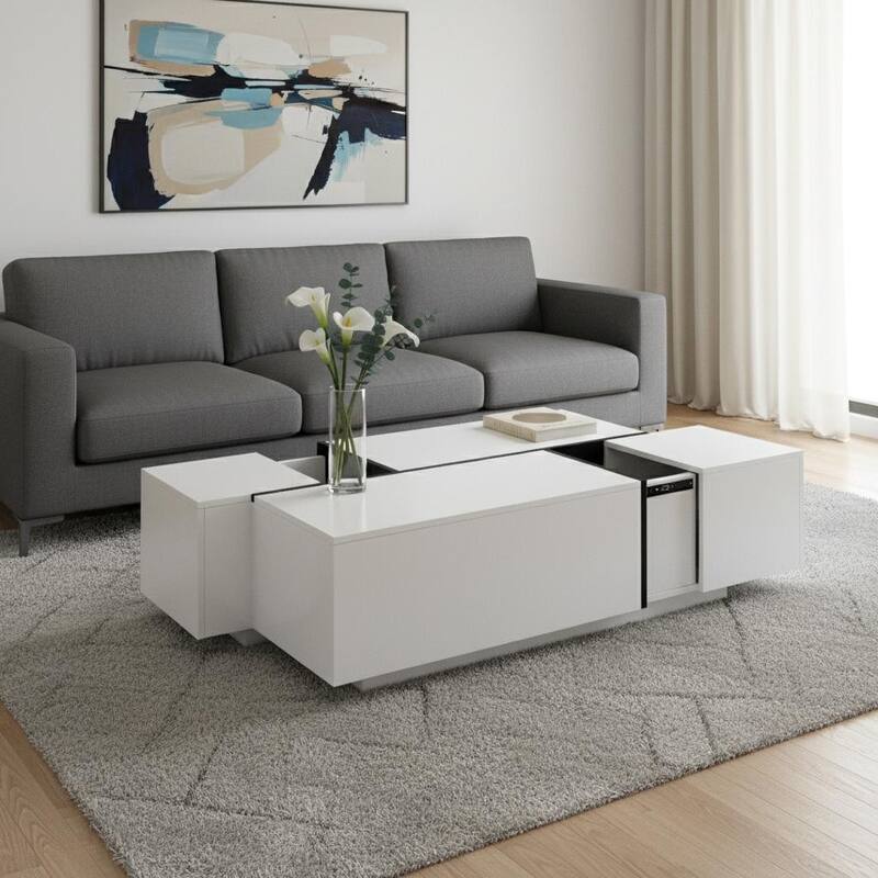 HomeRoots 47" White Wood Extendable Coffee Table With Storage - 47.20 in. x 15.60 in. x 23.60 in. - White