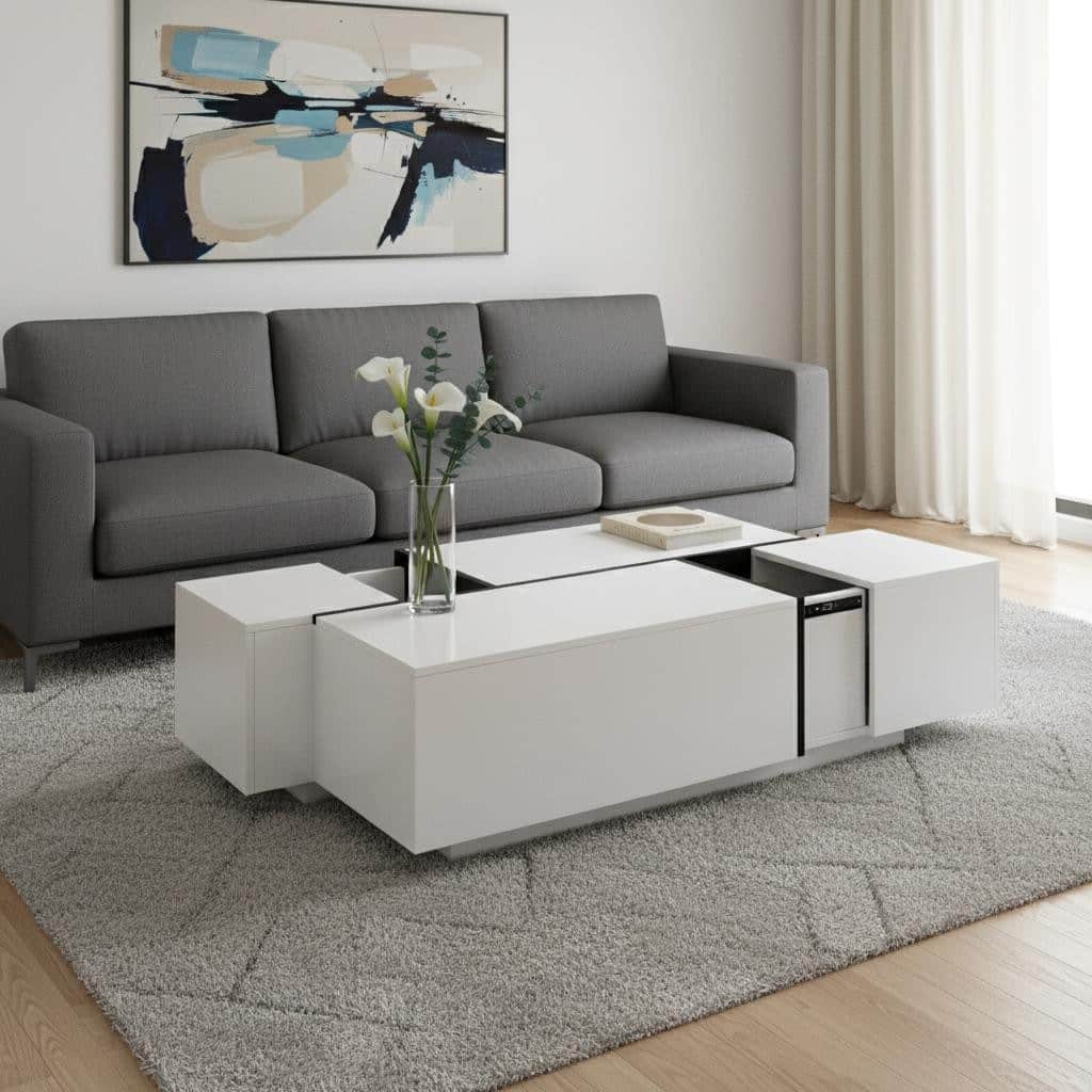 HomeRoots 47" White Wood Extendable Coffee Table With Storage - 47.20 in. x 15.60 in. x 23.60 in.