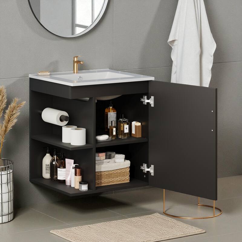 20" Wall Mounted Bathroom Vanity with Sink, Solid Wood & MDF Floating Cabinet, Side Shelf & Soft-Close Door