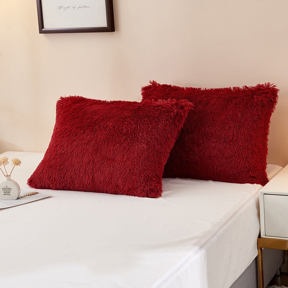 Fluffy Shaggy Comforter Set with 2 Pillowcases Queen Solid Red - 75 x 83