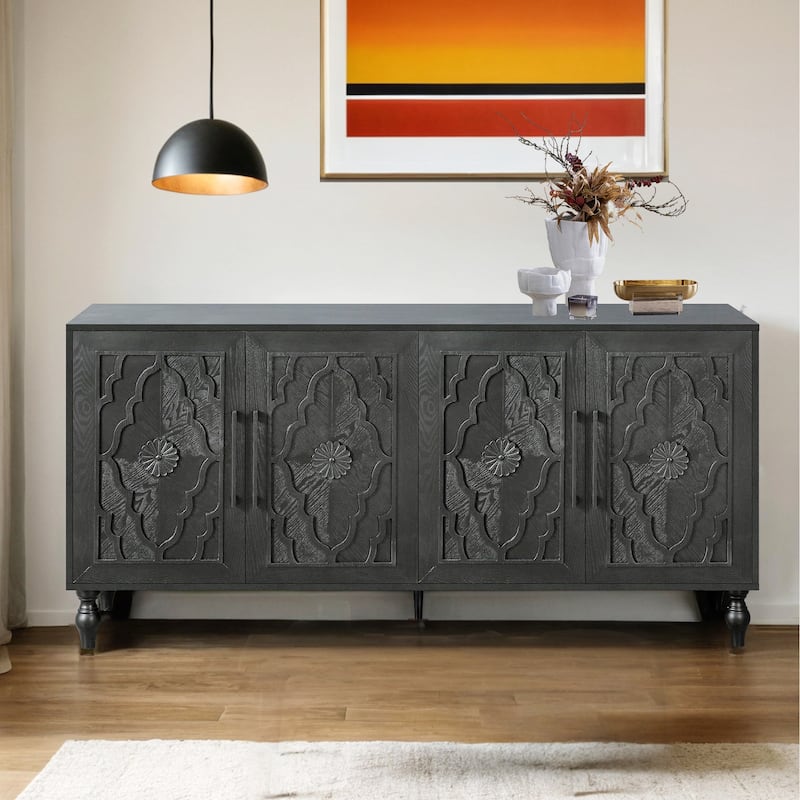 Carved Flower Door Large Storage Cabinet With Metal Handle Suitable For Living Room, Kitchen, Entryway - Black