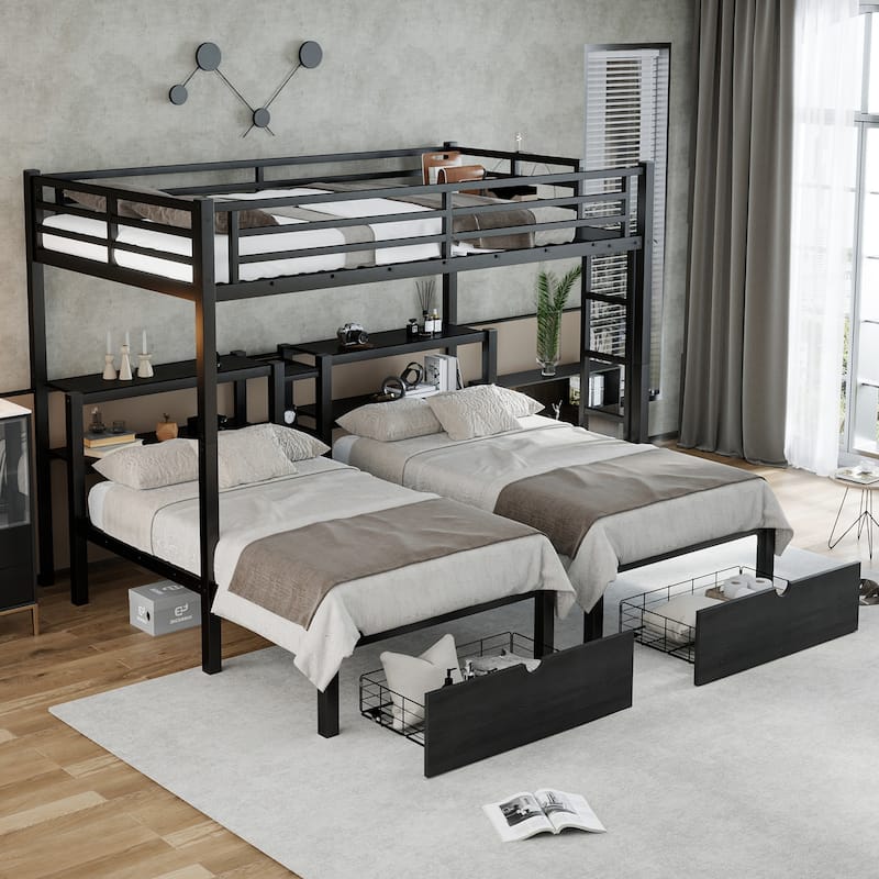 Full XL Over Twin & Twin Triple Bunk Bed - Metal Frame with Storage Drawers, Shelving Headboard & USB Ports
