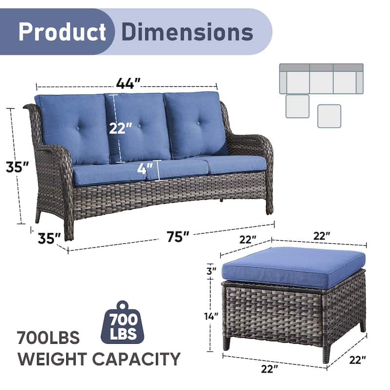 Gymojoy Patio Wicker 3-Seat Sofa with Ottoman