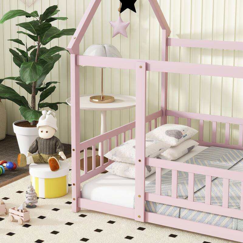 Full Size Rubber Wood Canopy Bed with Roof Frame and Safety Guardrails
