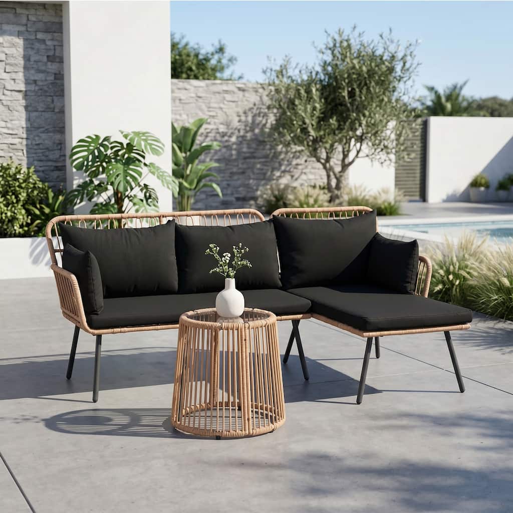 All-Weather Wicker Patio L-Shaped Sofa Set with Soft Cushions & Glass Coffee Table
