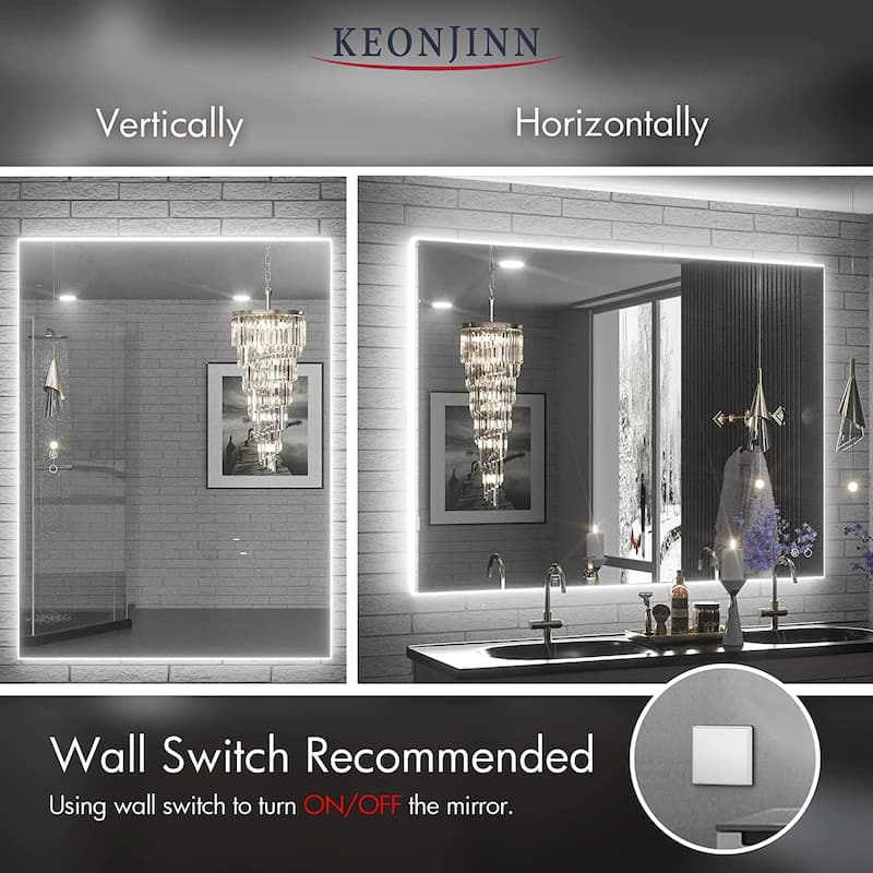 Keonjinn LED Backlit Bathroom Vanity Mirror Anti-Fog Dimmable Lighted CRI90 High Definition(Horizontally/Vertically)