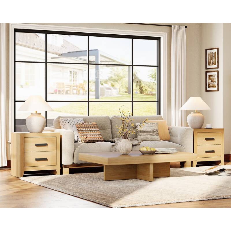 WAMPAT Farmhouse End Table with 2 Storage Drawers - Rustic Brown Accent Table for Bedroom & Living Room - Oak-2PCS