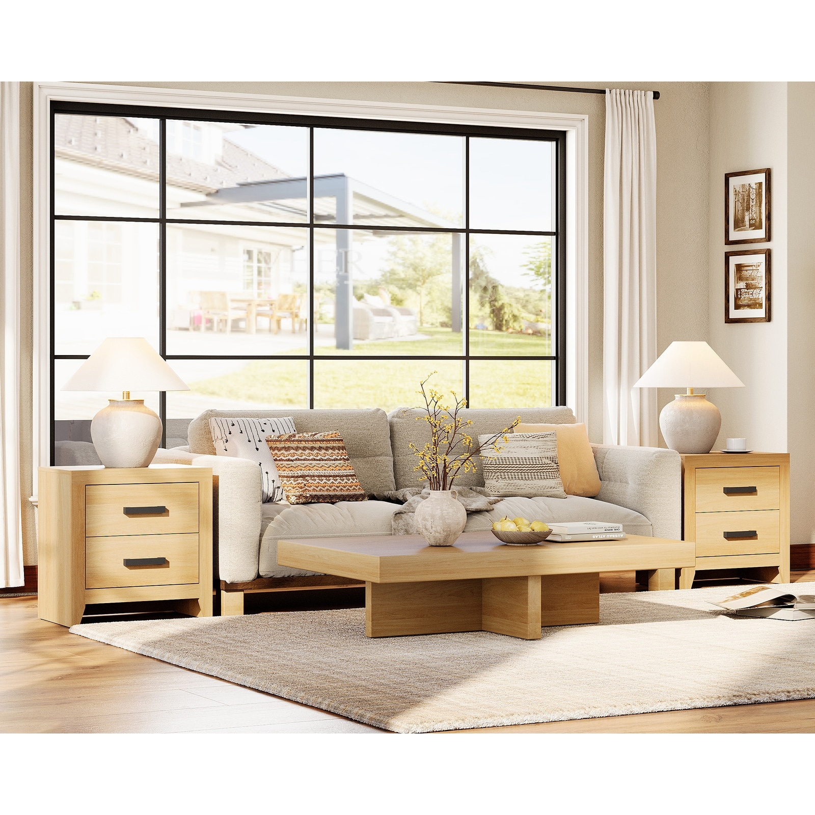 WAMPAT Farmhouse Nightstand with Dual Drawers - Rustic Brown