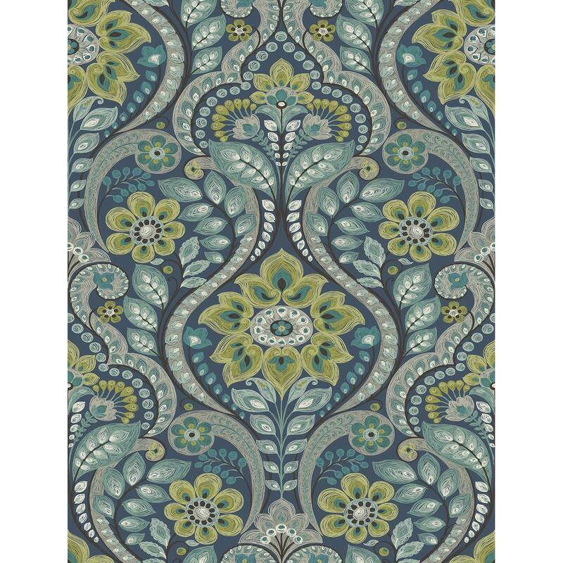 A-Street Prints Night Bloom Navy Damask Wallpaper
