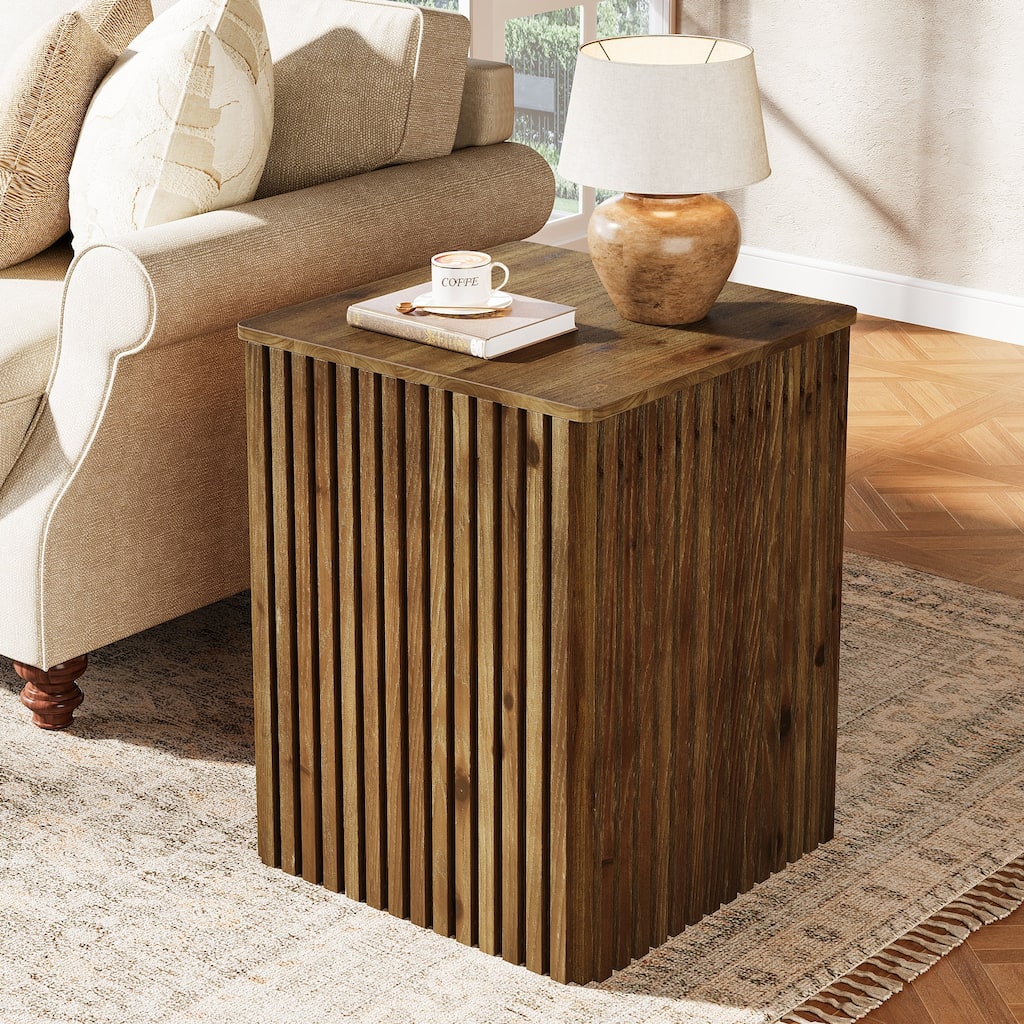 Solid Wood End Table, Fluted Side Table with Storage and Removable Lid - 18.9" D x 18.9" W x 24.21" H