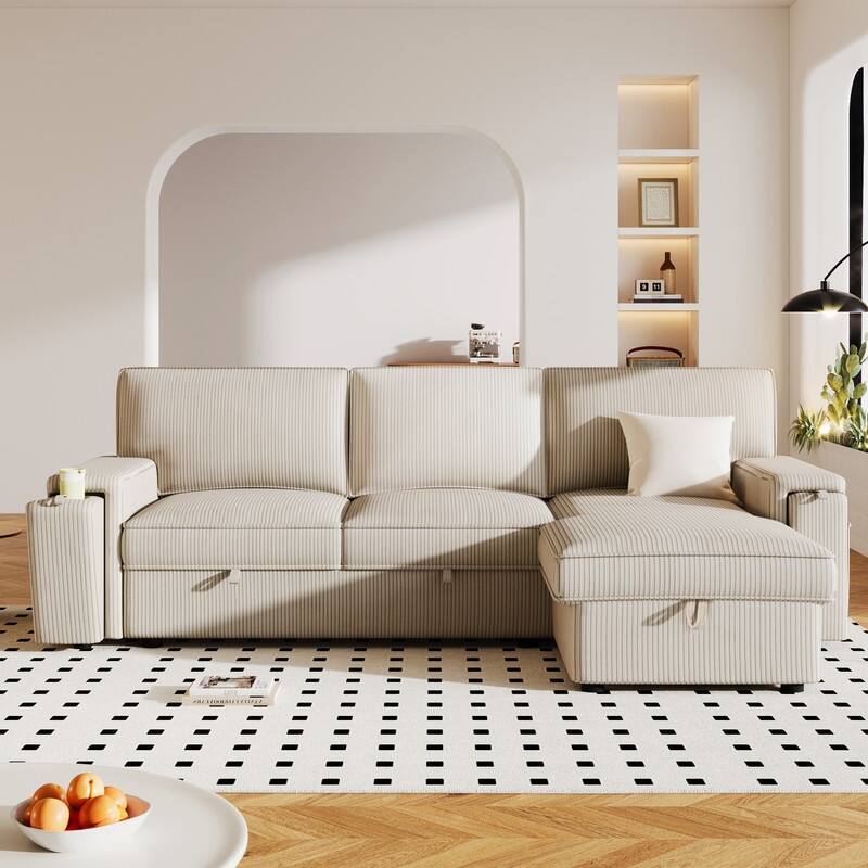 Modern Sectional Sofa with Storage Chaise and 2 Cup Holders,Sleeper Sofa with Pull Out Bed - Beige
