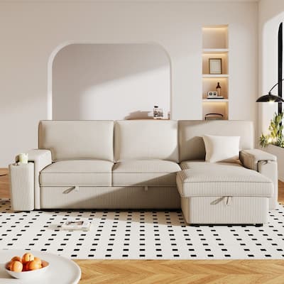 Modern Sectional Sofa with Storage Chaise and 2 Cup Holders,Sleeper Sofa with Pull Out Bed