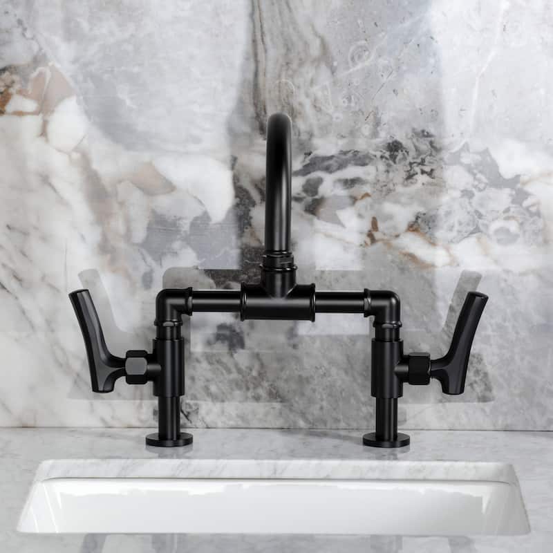 Kingston Brass Hallerbos Two-Handle 4-Hole Deck Mount Bridge Bathroom Faucet with Brass Pop-Up Drain