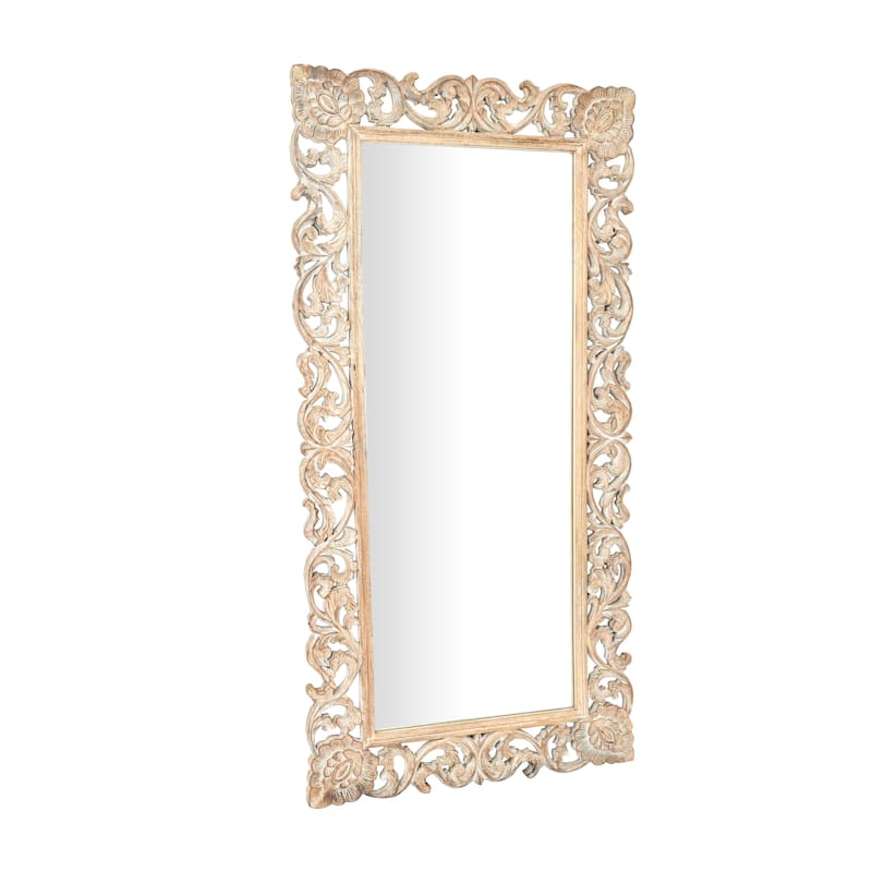 Light Brown Mango Wood Intricately Carved Floral Room Wall Mirror