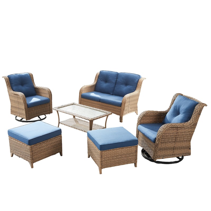 Pocassy Outdoor 6 Pieces 2-Seat Sofa Swivel Chairs Table Ottoman