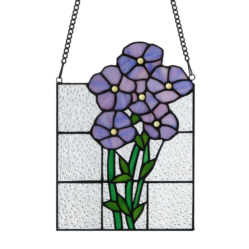 River of Goods Forget Me Nots in Bloom River of Goods Purple, Clear and Green Stained Glass Window Panel - 7.5" x 0.25" x 10" - Multi