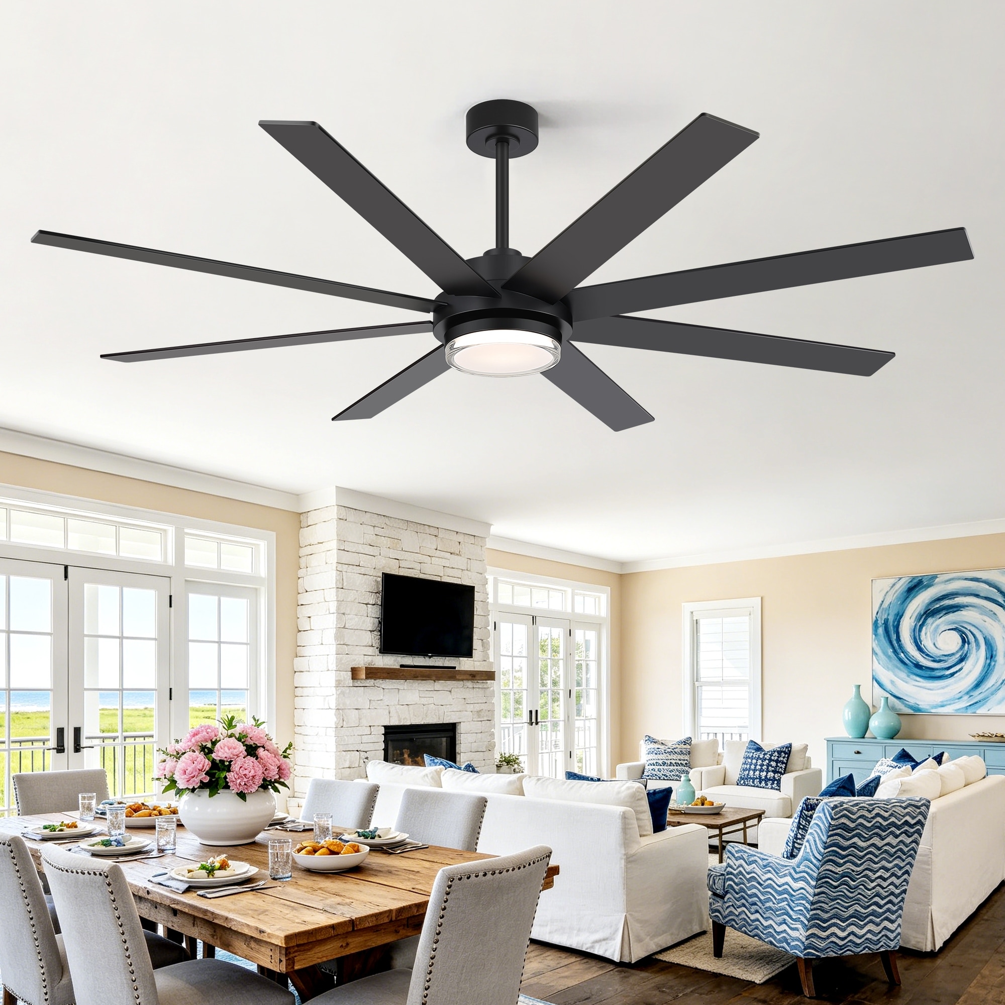 60/72 Inch Modern Ceiling Fan with Dimmable LED Light, 8 Reversible Plywood Blades, DC Motor, Remote Control, 6 Speeds, Timer