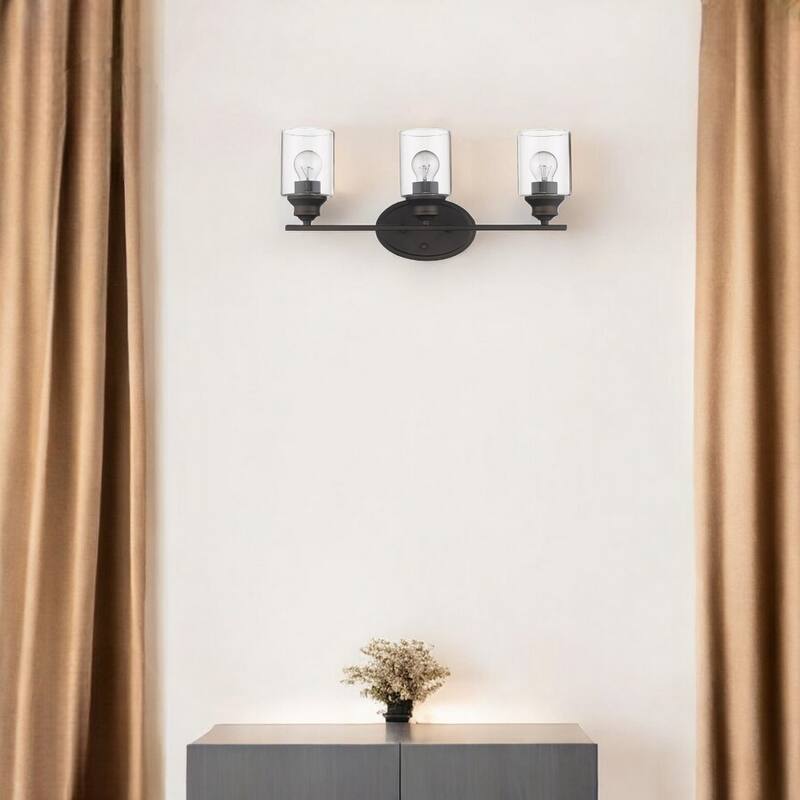 3-Light Hardwired Bathroom Wall Fixture in Bronze Finish with Clear Glass Shade Dimmable Reversible Mounting