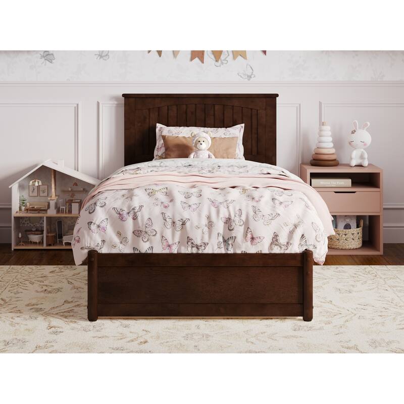 Twin Platform Bed with Trundle, Walnut Wood Bed Frame & Panel Footboard - Space Saving Design