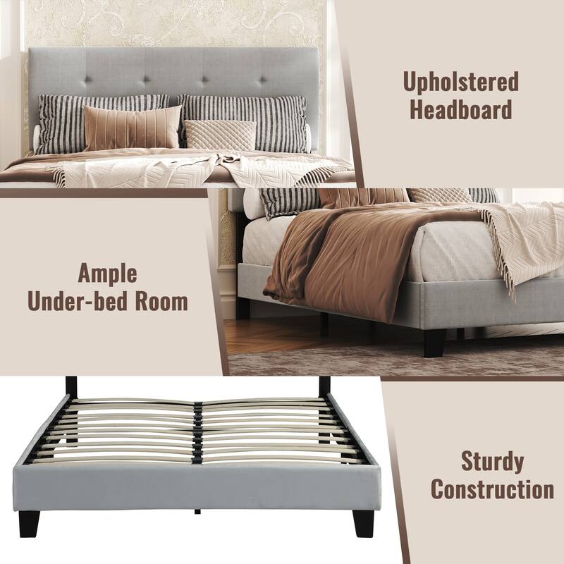 Upholstered Platform Bed Frame with Tufted Headboard