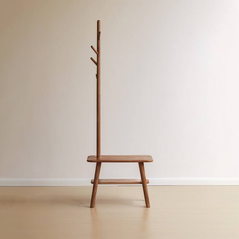 Natural Solid Wood Shoe Stool With Cloth Hanger, Mid-Century Modern Storage Bench with High Rebound Sponge Cushion