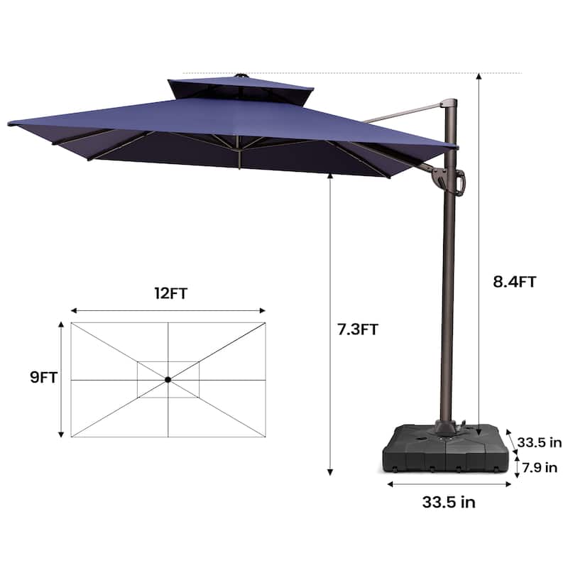 9 FT x 12 FT Outdoor Patio Dual Top Umbrella Cantilever Offset with Base