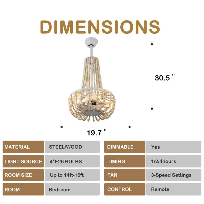Oaks Aura Brooks 20in.Indoor 4-Light White Farmhouse Boho Ceiling Fan with Lights，3-Speed Reversible Scandi Ceiling Fan w/Remote
