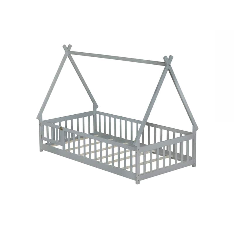Twin Tent-shaped Floor Bed,Teepee Bed with Guardrails,Slats and Door