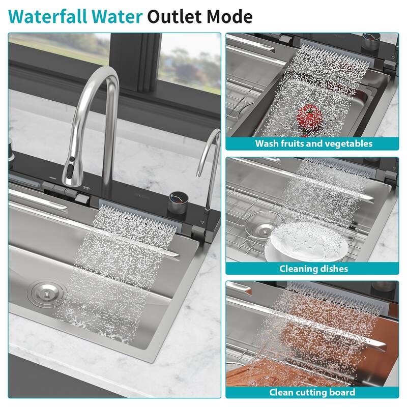 30" Kitchen Sink Waterfall Sink - Multifunction Single Bowl 16 Gauge Stainless Steel Ledge Workstation Smart Top Mount
