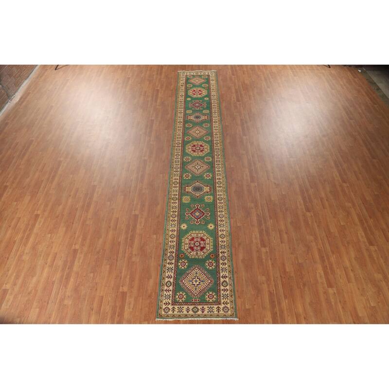 Green Kazak Runner Rug Hand-Knotted Wool Carpet - 2'8" x 16'3"