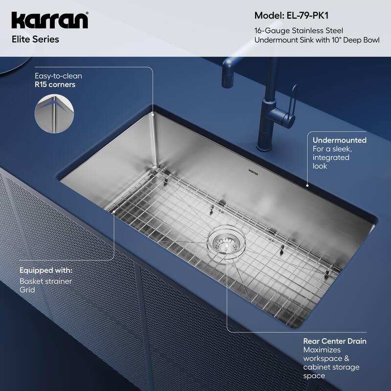 Karran Elite 32" Undermount 16 Gauge Single Bowl Stainless Steel Kitchen Sink