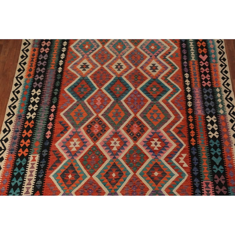 Orange Kilim Oriental Area Rug Hand-Woven Tribal Wool Carpet - 8'5"x 11'5"