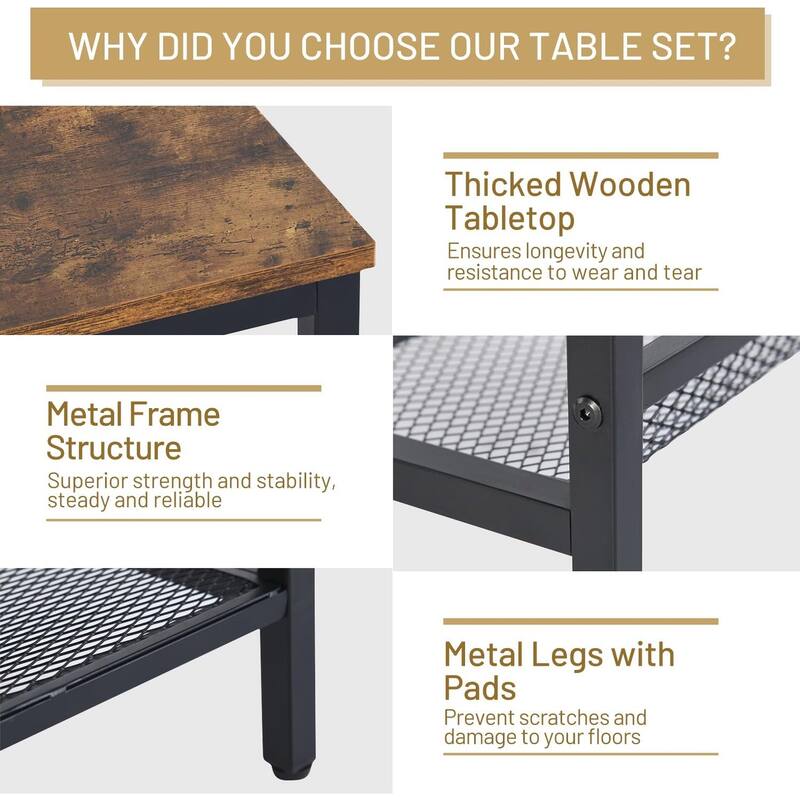 FurnitureR Industrial 3-Piece Coffee Table Set with 2 End Tables, Metal Frame Living Room Table Set