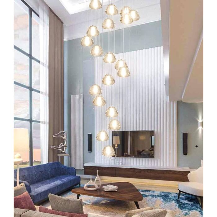 KAYLA 30-Lights Gold Modern Crystal Chandelier for Staircases, 157" Extra-Long Adjustable LED Ceiling Light