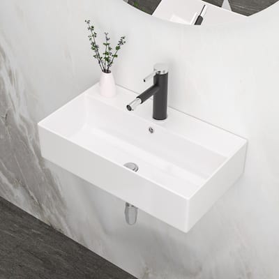 White Ceramic Rectangular Wall Mounted Bathroom Sink with Faucet Hole and Overflow