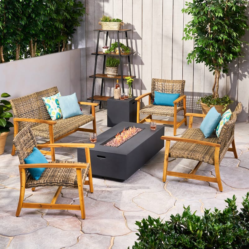 Augusta Outdoor Acacia Wood and Wicker 6 Seater Chat Set with Fire Pit by Christopher Knight Home