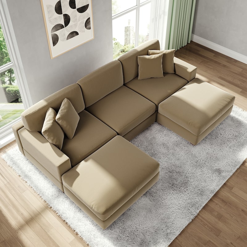 Modular Corduroy Sectional Sofa Set Chaise Couch with Ottoman
