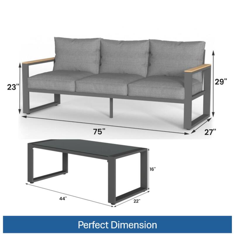 2-Piece 3-Seat Sofa Couch Set, 75" Sofa and Glass Coffee Table