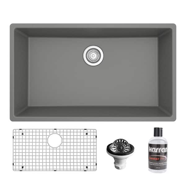 slide 2 of 54, Karran Undermount 32.5 in. Large Single Bowl Quartz Kitchen Sink Kit Grey