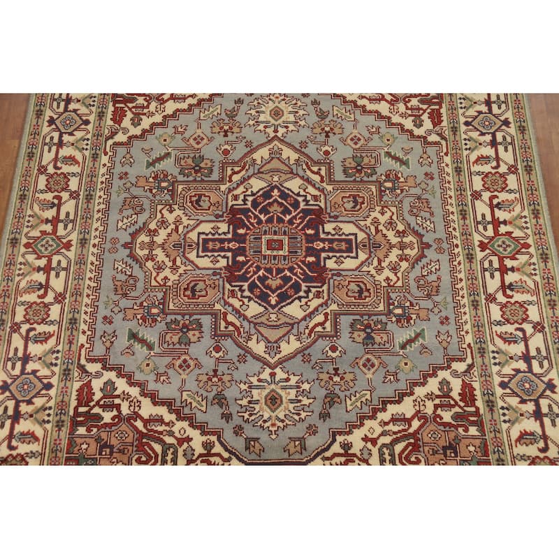 Hand Knotted Oriental 100% Wool Carpet Traditional Medallion Navy Blue & Blues Heriz (serapi) Area Rug - 9' 9'' X 7' 11''