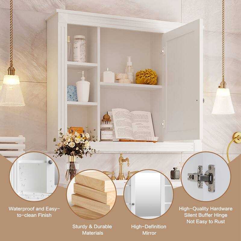 Anmytek 35 x 28 Inch Wall Mounted Bathroom Storage Cabinet with Mirror and 6 Open Shelves Medicine Cabinet