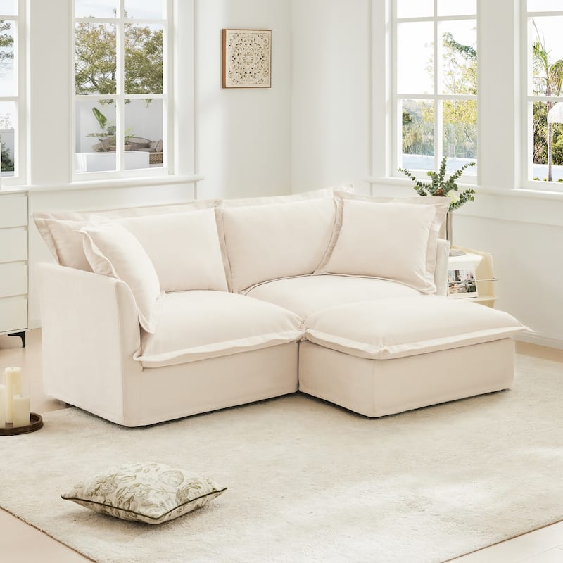 Slipcovered Chenille 2-Seater Sofa Couch with Convertible Ottoman & Soft Big Pillows