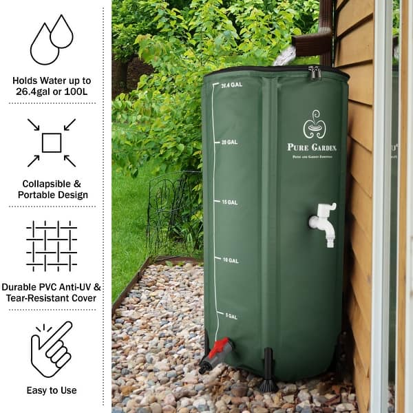 Pure Garden 26.4 Gallon Collapsible Rain Barrel, Green