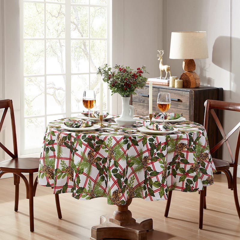 Pinecone Plaid Holiday Fabric Tablecloth
